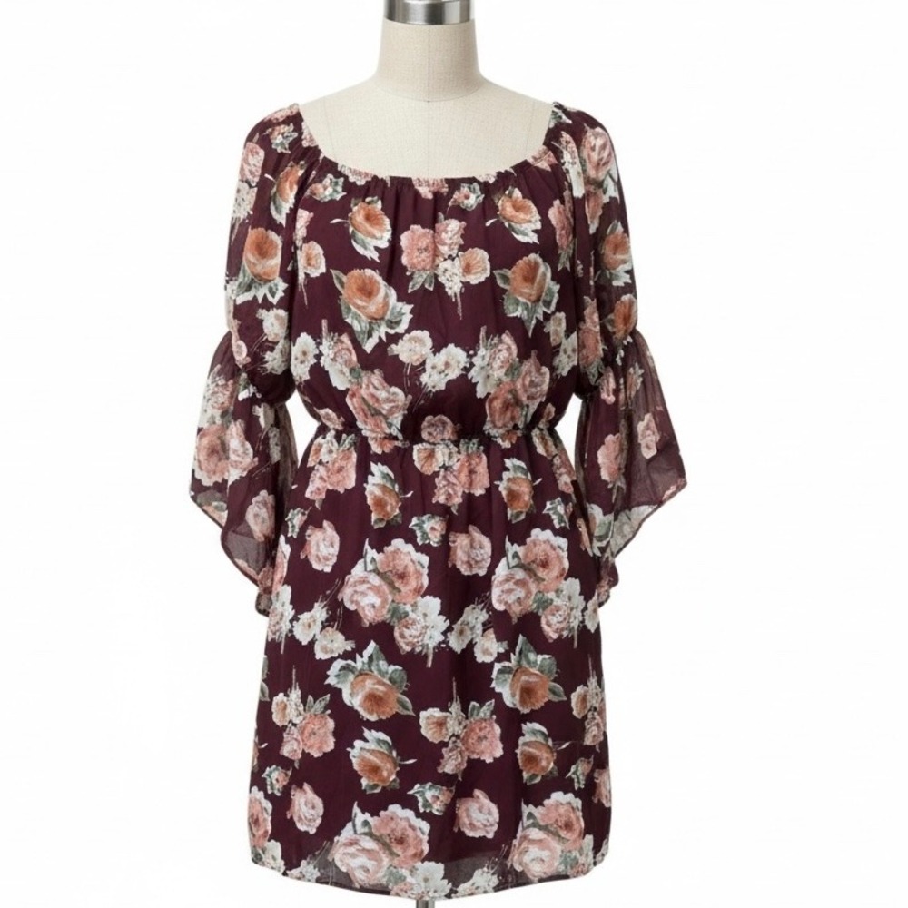 Wilde‎ Floral Boho Dress Large Off Shoulder Burgundy Sheer Ruffle Sleeve Cottage